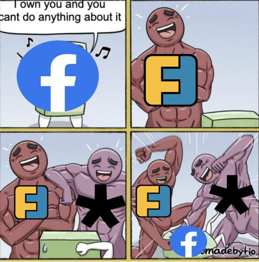 Two strong Guys beating up box Meme: Frame 1 Facebook little guy "I own you and you cant do anything about it". frame 2 strong dude Friendica appears. Frame 3 second strong dude appears Diaspora. Frame 4 Friendica and Diaspora about to beat up little guy Facebook.