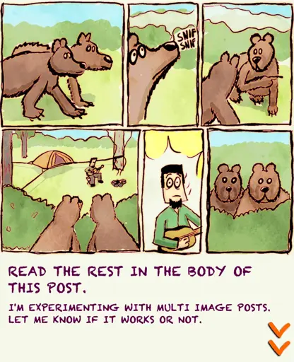 A silly comic, making fun of suspended tree tents. I always imagine bears grabbing the tent, pulling it back and launching the poor camper like a frickin'n slingshot. ;)