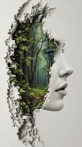 A white wall with a woman's face in profile on it with an irregularly shaped hole, revealing a lush forest behind it. The edges of the hole are jagged and peeling, giving the impression that the wall has been torn away to expose the greenery. The forest visible through the hole is dense with trees and foliage, creating a stark contrast between the man-made wall and the natural scene behind it. 