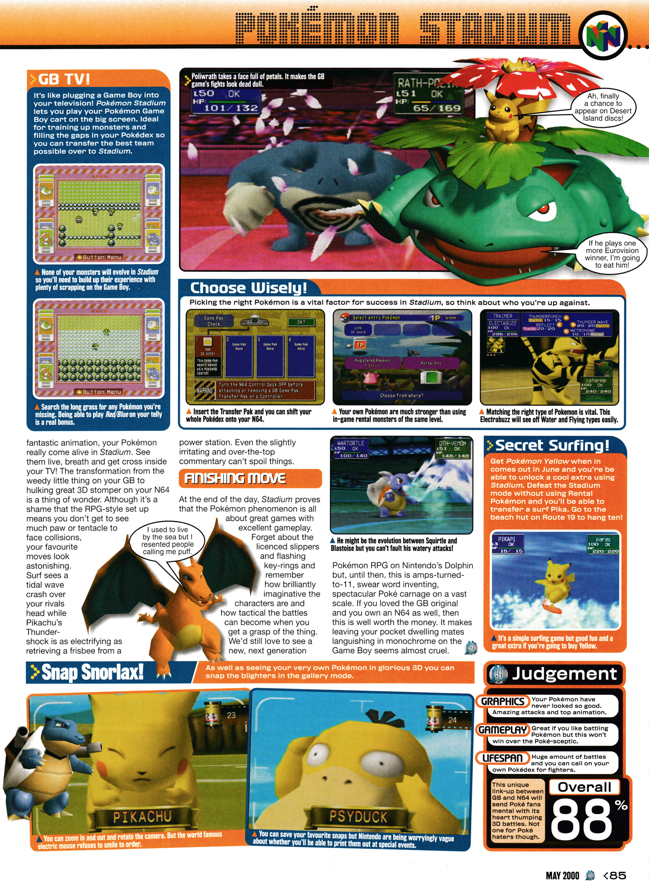 Review for Pomémon Stadium on Nintendo 64.
Taken from GamesMaster 94 - May 2000 (UK) 

score: 88%