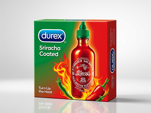 A box of Durex condoms, predominantly green and red with the top left corner featuring the Durex logo, and the text "Sriracha Coated" prominently displayed. Below the text, there's an image of a red Sriracha sauce bottle with a green cap, surrounded by chili peppers and flames