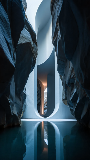 A striking architectural installation sits between rugged rock formations, creating a dramatic contrast between natural and human-made elements. A smooth, white curved structure with an oval opening stands as the focal point, illuminated from within by warm light that suggests depth beyond the visible. Blue-gray rock faces line both sides of the passage in the foreground, with a still pool of water perfectly mirroring the architectural scene from below.