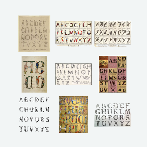 A screenshot from the linked page showing a 3x3 grid of vintage posters, each showcasing different fonts made up of humans bending their bodies to form letter shapes, either as the full or partial alphabet.