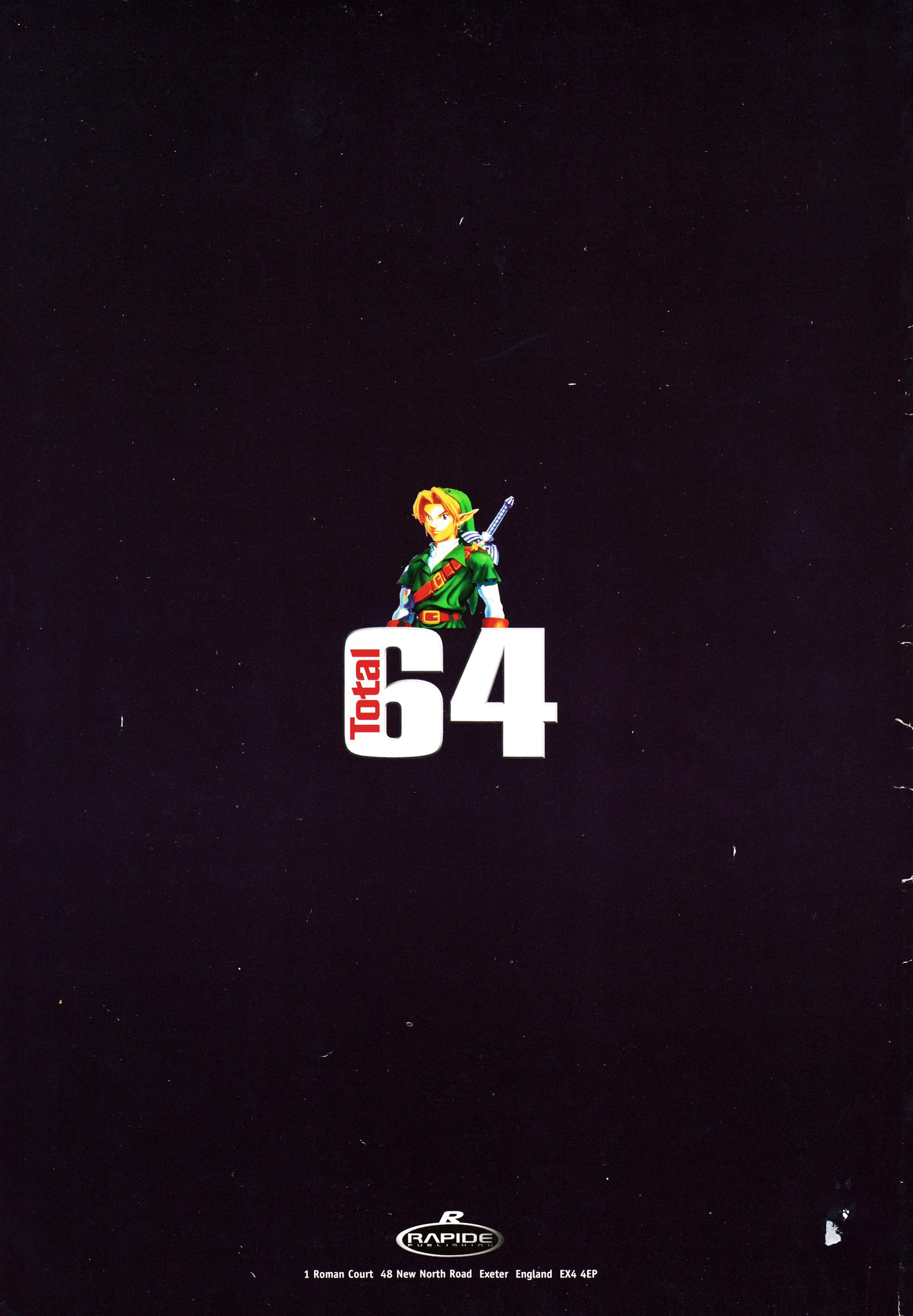 Back cover for Total 64 No.13 Volume 2 Issue 1 - February 1998 (UK), featuring the Total 64 logo on a black background with Link standing behind it