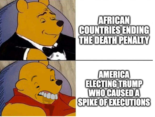 1. Fancy Winnie the pooh "AFRICAN COUNTRIES ENDING THE DEATH PENALTY" 2. Chump Winnie "AMERICA ELECTING TRUMP WHO CAUSEDA SPIKE OF EXECUTIONS"