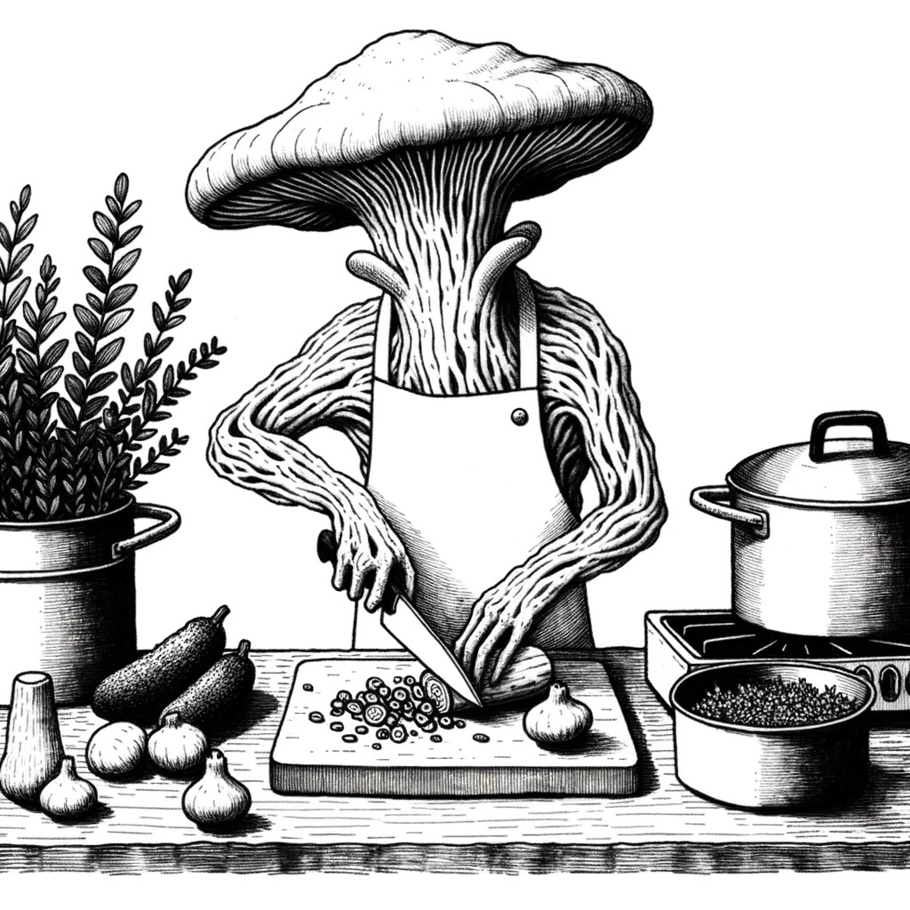 aillustration of a mushroom shaped like a human cutting vegetables at a table