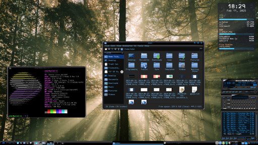 Computer desktop with forest wallpaper features a terminal window, a file manager displaying icons, a clock, system monitor, and music player.