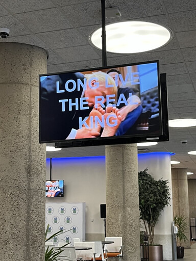 TV in an office lobby showing a photorealistic image of Trump kissing Elon Musk's bare feet. Musk has two left feet.