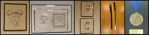 Photos of the GNU head, the katan, the Norbert Wiener Award, the GCC letter drawings, and the Internet Hall of Fame medal up for sale