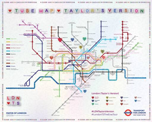 The London Tube map has been redesigned as Taylor's Version for Taylor Swift performing at Wembly.  Each line is one of her albums, with stops being tracks on those albums.