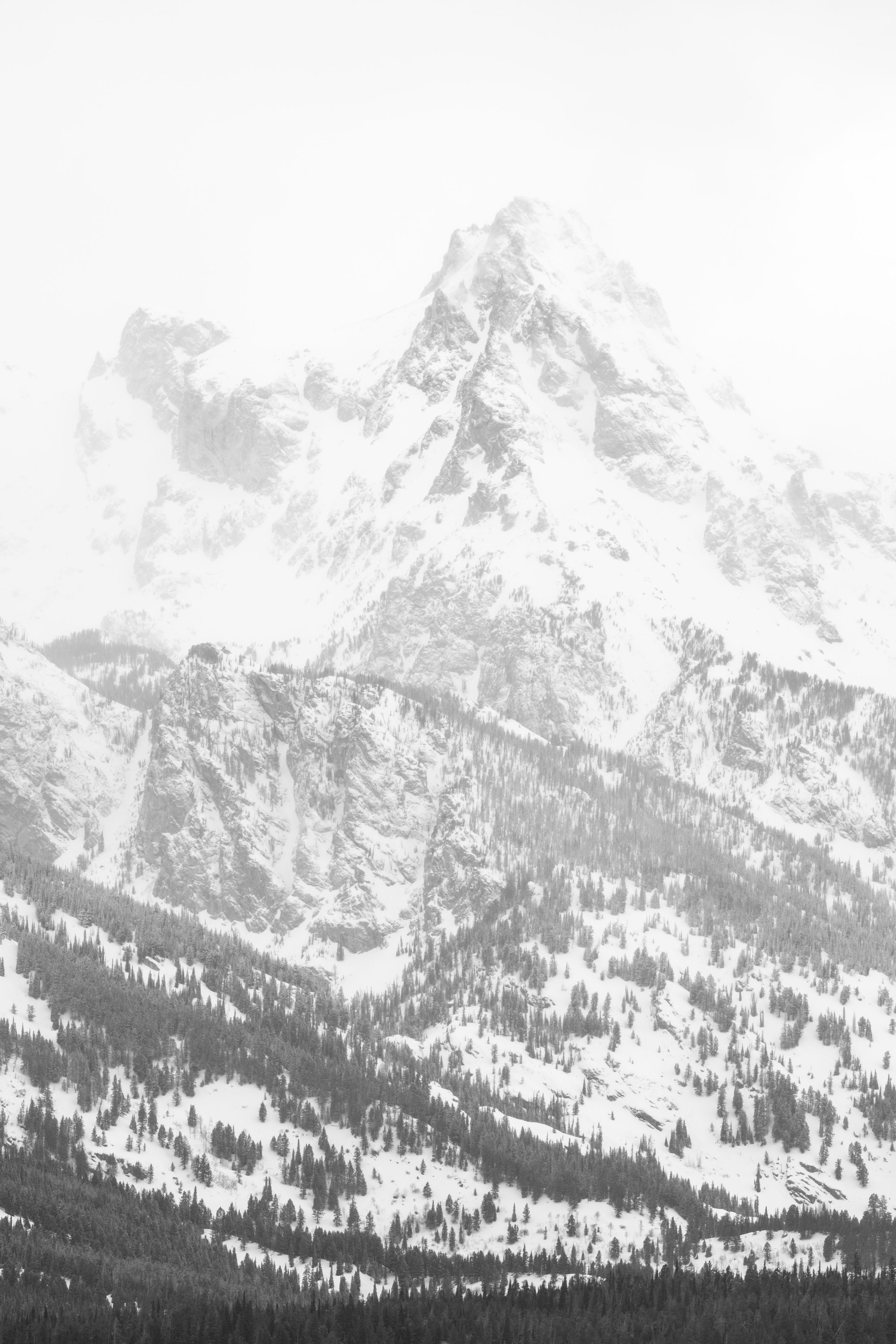 Close-up of Grand Teton shrouded in clouds.