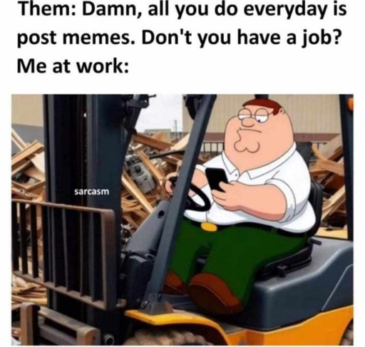 damn, all you do is post memes all day. don't you work. Me at work: Peter griffin on forklift on his phone