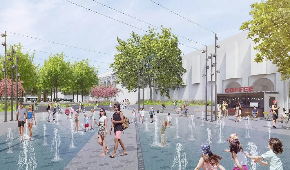 Centennial Square redesign drops fountain, keeps artwork, cuts down a giant tree