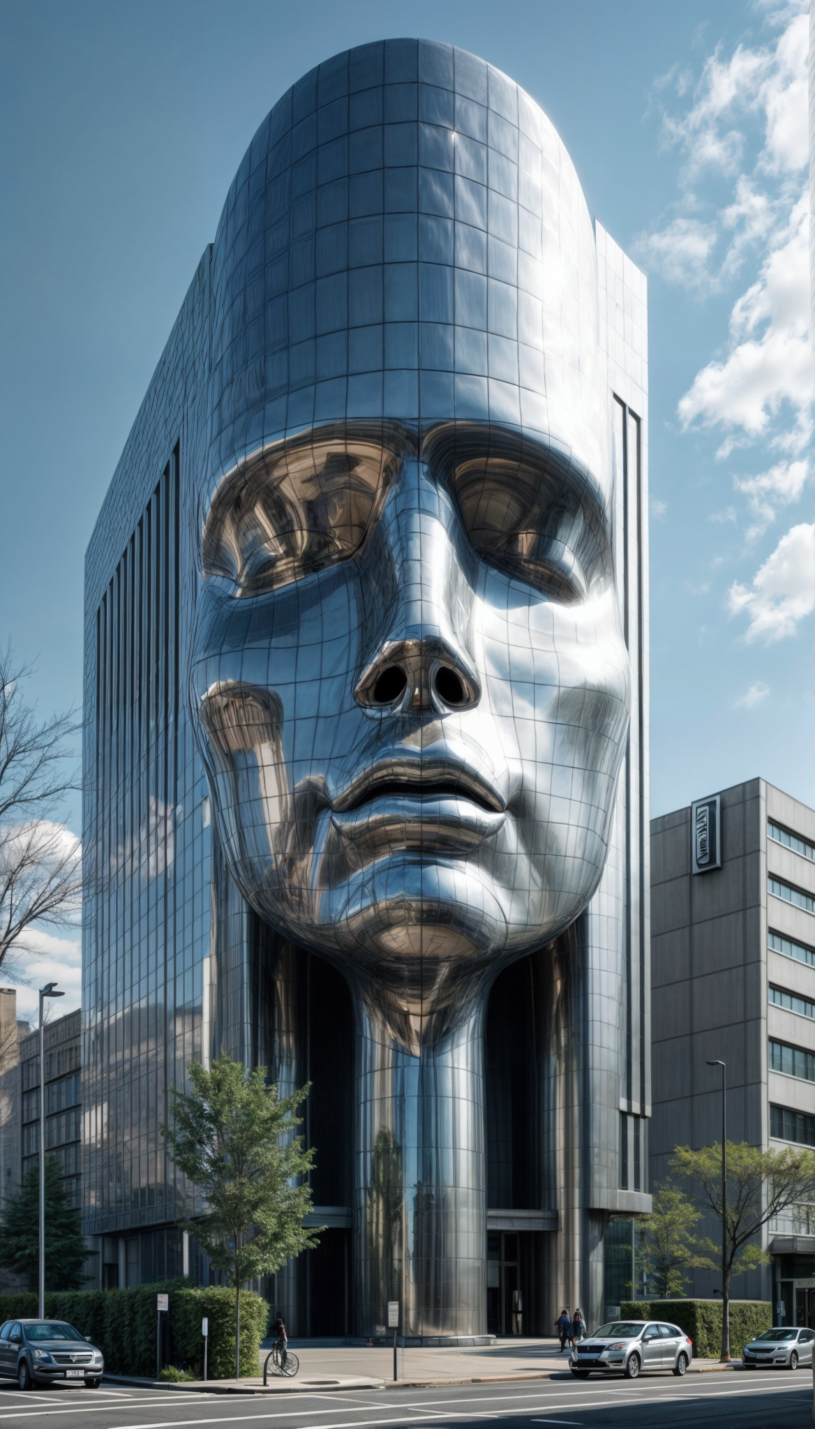 A building with a modern facade and undulating, metallic surfaces that reflect the surrounding environment. The central focus is the large, human face that dominates the building's front, with smooth, shiny, reflective panels giving it a somewhat eerie yet captivating appearance. The ground floor features a large entrance, flanked by a few trees and shrubs are planted in front of the building. The background includes other buildings and a blue sky with a few clouds. A few people are visible on the street, and a few cars are parked along the street in front of the building.