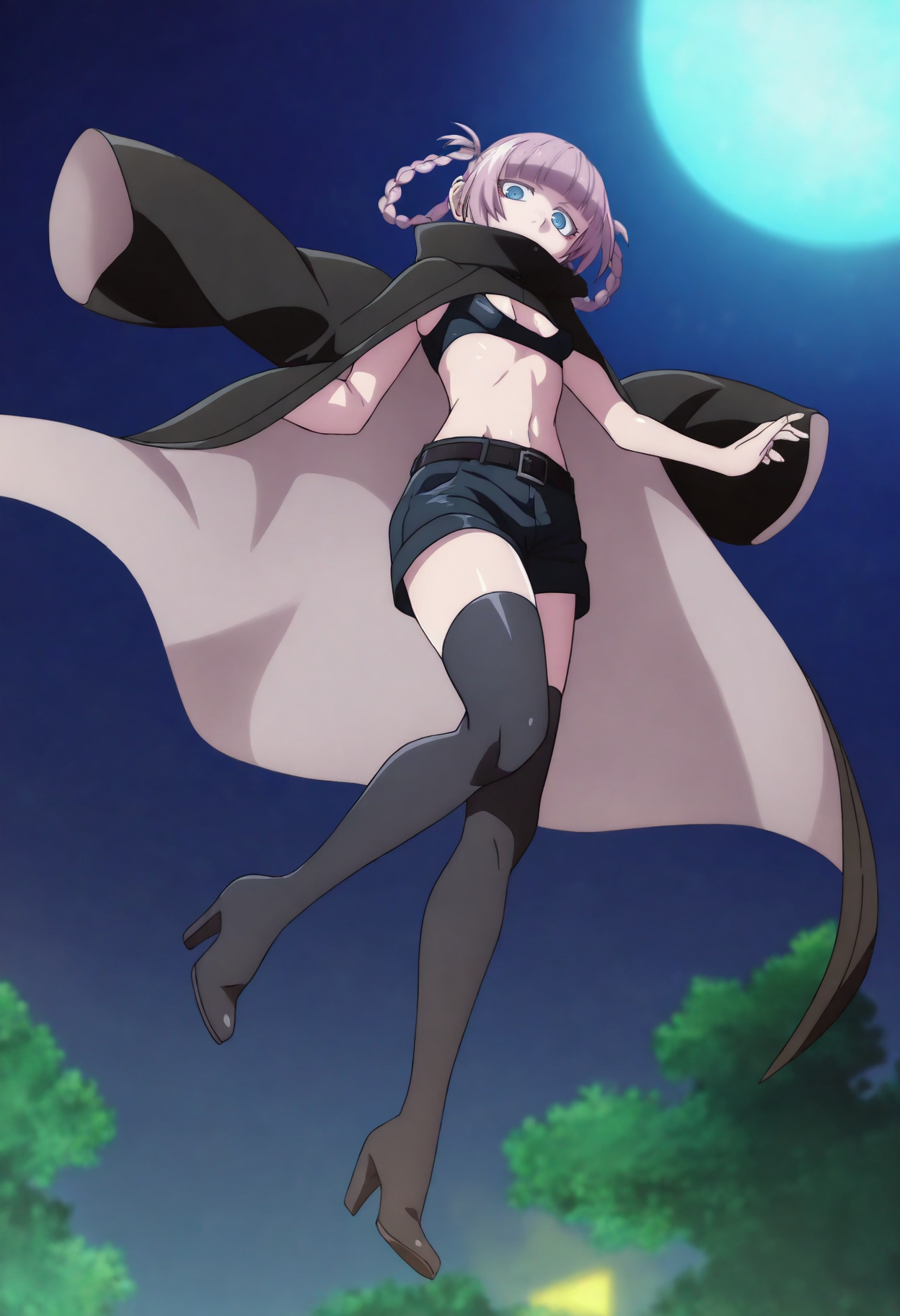 A young woman with blue eyes and pink hair styled in two braids, looking down at the viewer with her arms extended as if descending. She is wearing a black crop top, black shorts, and black thigh-high high-heeled boots. Over her shoulders, she has a flowing, dark coat that appears to be catching the wind. The background features a dark, starry night sky with a large, glowing full moon that illuminates the scene. Below, there are green trees, adding depth to the night scene. 