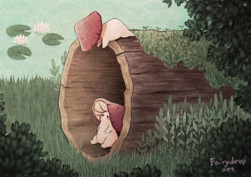 Two adorable mushroom creatures sitting on a hollow tree log, looking at each other.