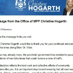 The Biking Lawyer LLP on Instagram: "Hey Everyone PC MPP Christine Hogarth wants your feedback on whether the bike lanes on Bloor West should be removed immediately. Please send her a polite email advising of your position: 

christine.hogarth@pc.ola.org"