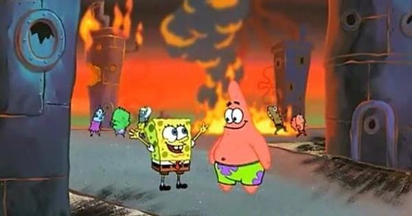 Spongebob and Patrick with Bikini Bottom on fire