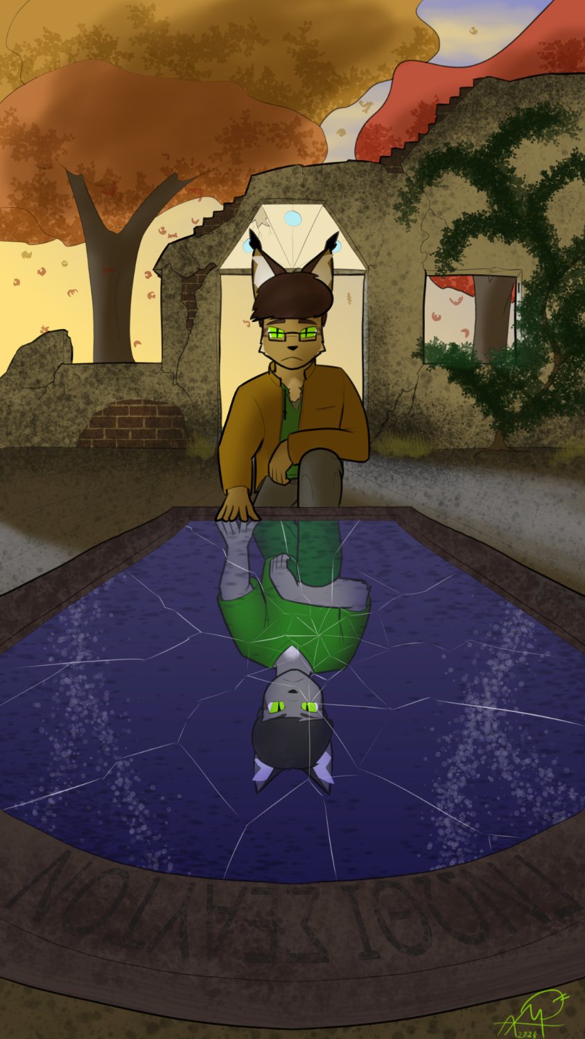 A male anthropomorphic lynx kneeling in front of a broken mirror in the middle of a ruin. His reflection visible is not himself, but a male anthropomorphic grey cat.