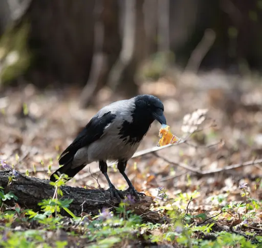 Hooded crow on a piece of wood with a piece of candy wrapper in its beak
