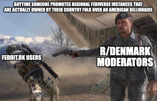 Shepard "r/denmark moderators" betrays Ghost "feddit.dk users" Meme "Anytime someone promotes regional fediverse instances that are actually owned by their country folk over an american billionaire" 