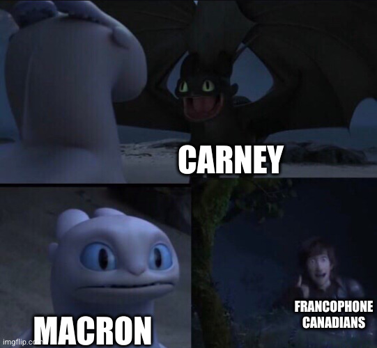 how to train your dragon meme with Carney, Macron, and Francophone Canadians cheering from afar