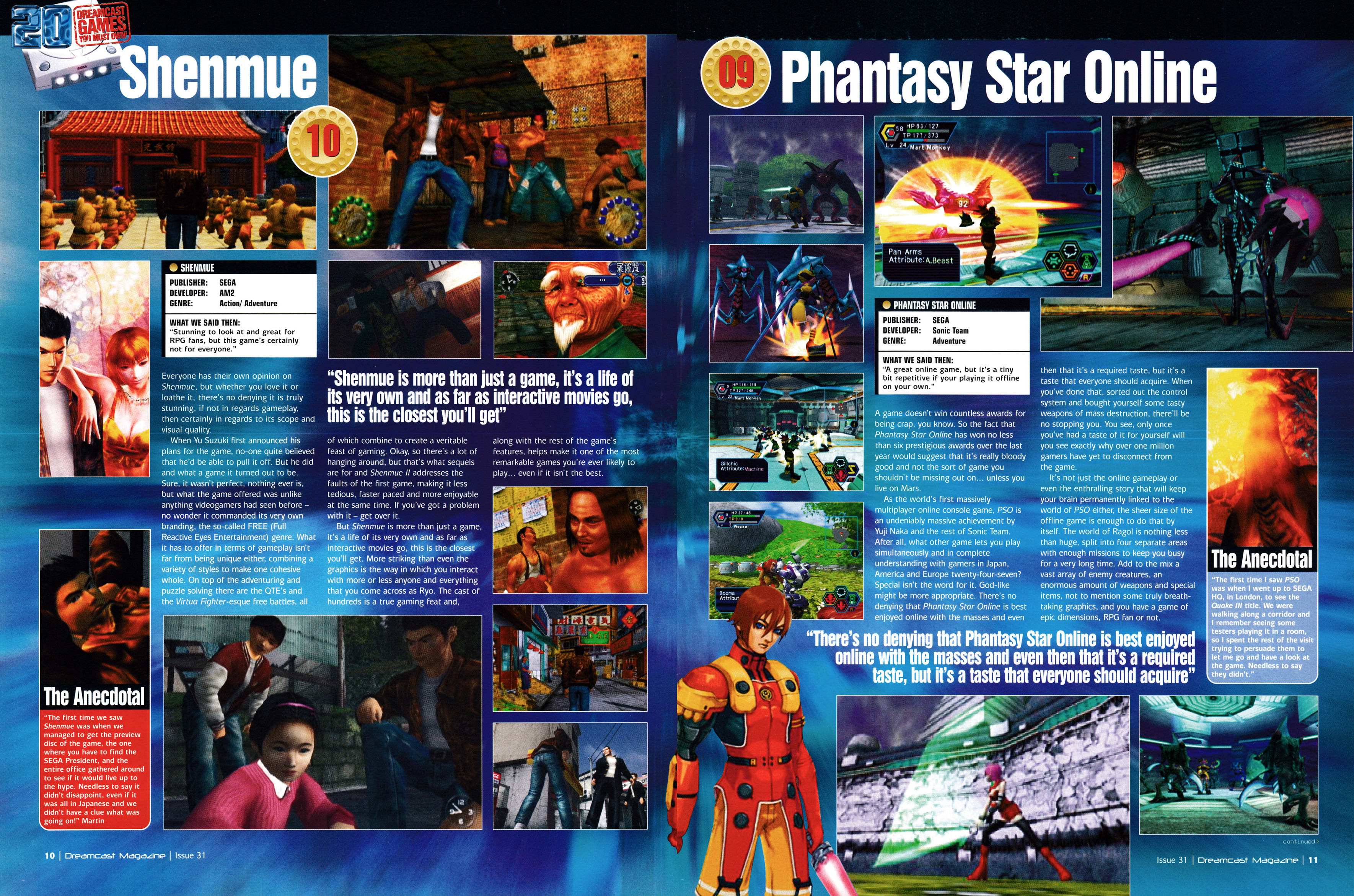 Massive 16-page feature titled:
20 Dreamcast Games You Must Own!
Taken from Dreamcast Magazine 31 - January 2001 (UK)