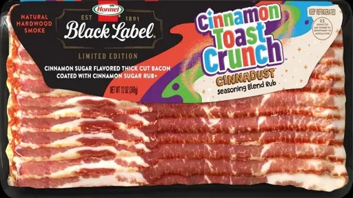 a package of Black Label bacon with the Cinnamon Toast Crunch cereal's logo and text saying "cinnadust seasoning blend rub"