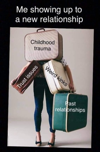 a person made put of luggage. the luggage is labeled Childhood trauma, Past relationships, Trust issues, weird kinks