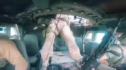 Footage inside a Ukrainian Humvee when a mine exploded. All crew members survived. Donetsk region.