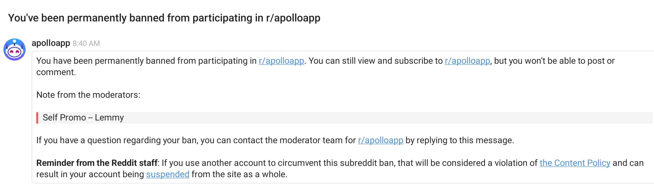 The Apollo dev banned and removed all my comments suggesting Lemmy as an alternative to reddit. - Lemmy