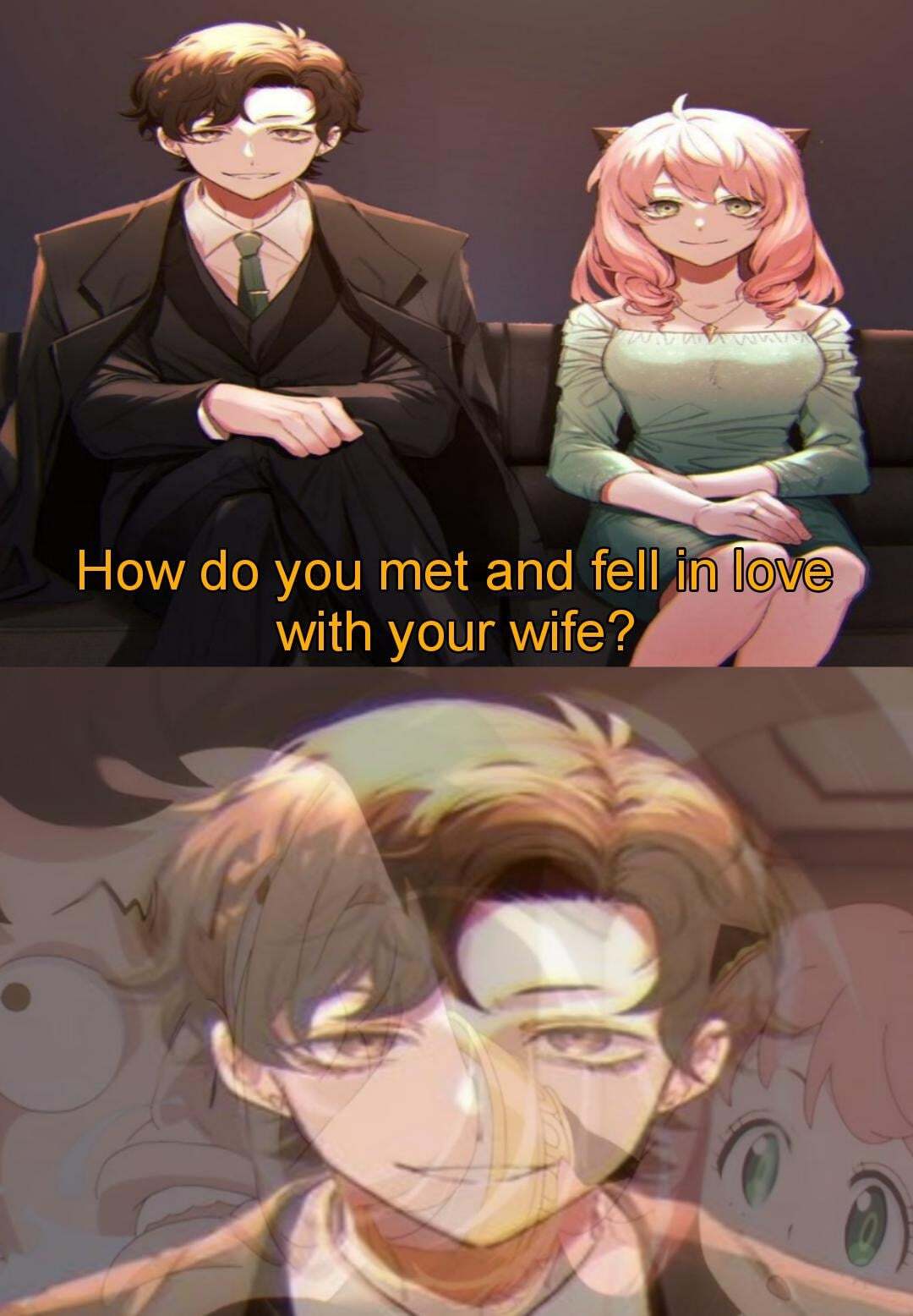 Image of Damian and Anya from Spy x Family being asked how did Damian meet his wife Anya. The second panel shows a transparent image flashback of Damian being super punched to oblivion by Anya