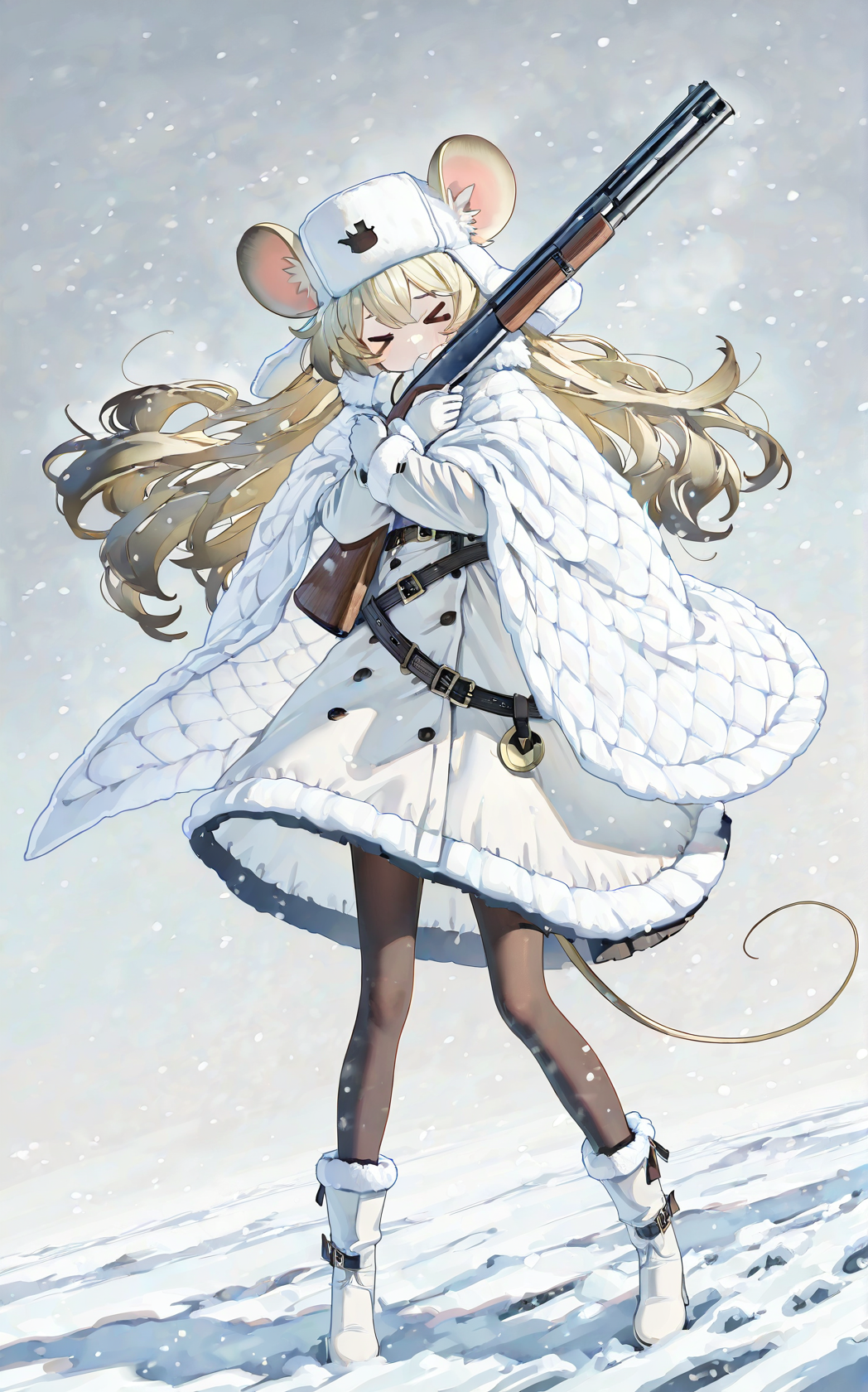 A young woman with mouse-like features standing in a snowy landscape. She has long, blonde hair, a mouse tail, and large, round mouse ears. She is dressed in a white, fur-trimmed military-style coat with a matching hat, which has a small, black star emblem on the front. The coat is fitted with black belts, and a white quilted shawl. She is also wearing black leggings, white boots with black straps, and white gloves. Her expression is focused, with closed eyes, as she clutches a large shotgun against her chest. 