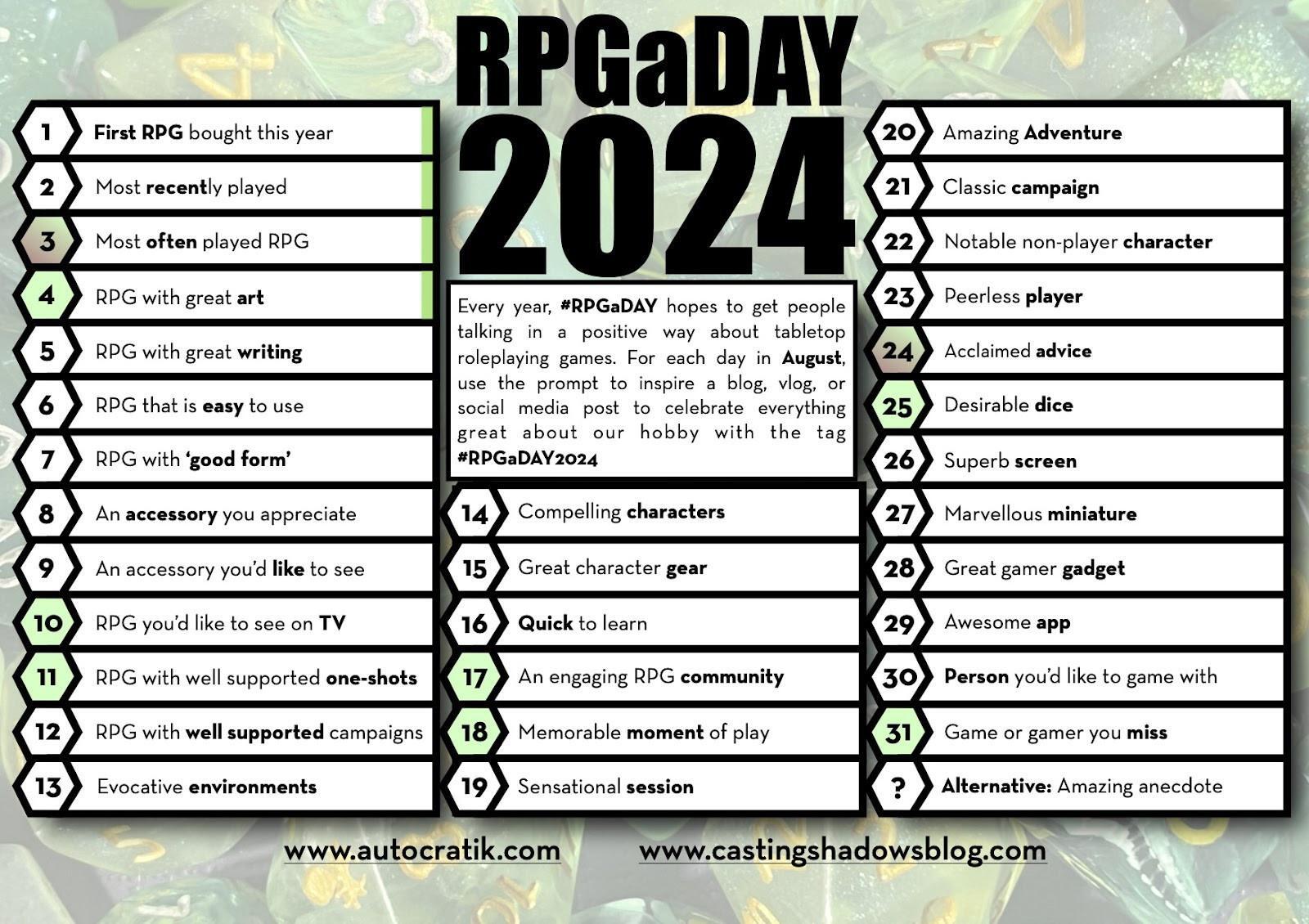 Imagem com propostas de uma hashtag chamada #RPGaDay2024 com sugestões de tema para cada dia do mês de agosto.