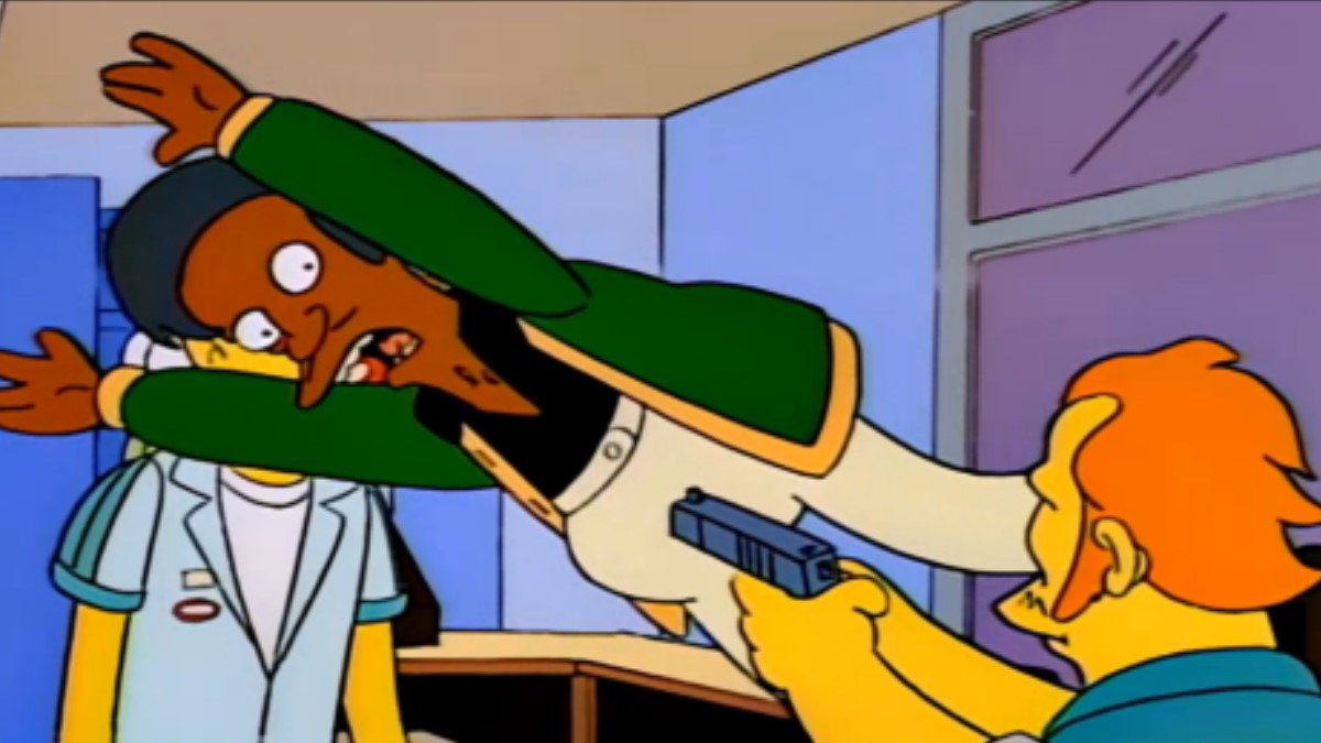 Apu jumping in front of a bullet meme
