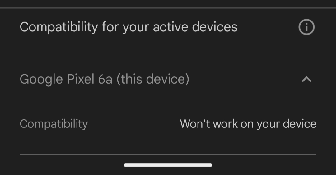 Google Play screenshot showing compatibility, which shows it won't work with Pixel 6a