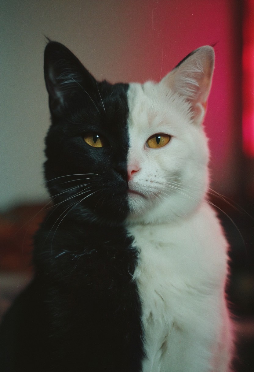 A close-up of a unique, two-toned cat. The cat is facing the camera with a neutral expression, showcasing its striking color contrast. The left side of its face and body is jet-black fur, while the right side white. The cat’s eyes are a golden yellow, with a slight squint. The background is softly blurred, featuring a gradient of colors, primarily shades of pink and red, shining on a wall. 