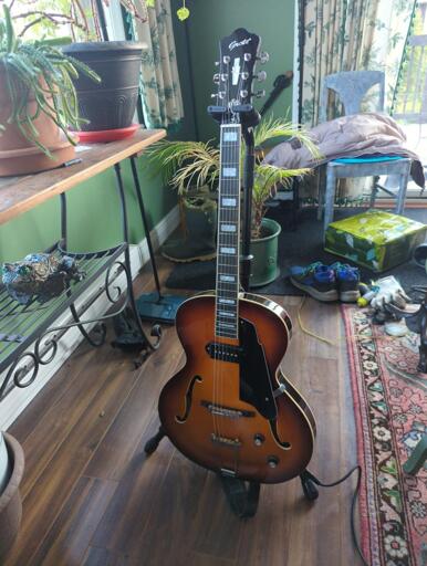 A cheap archtop guitar on a stand in a livingroom