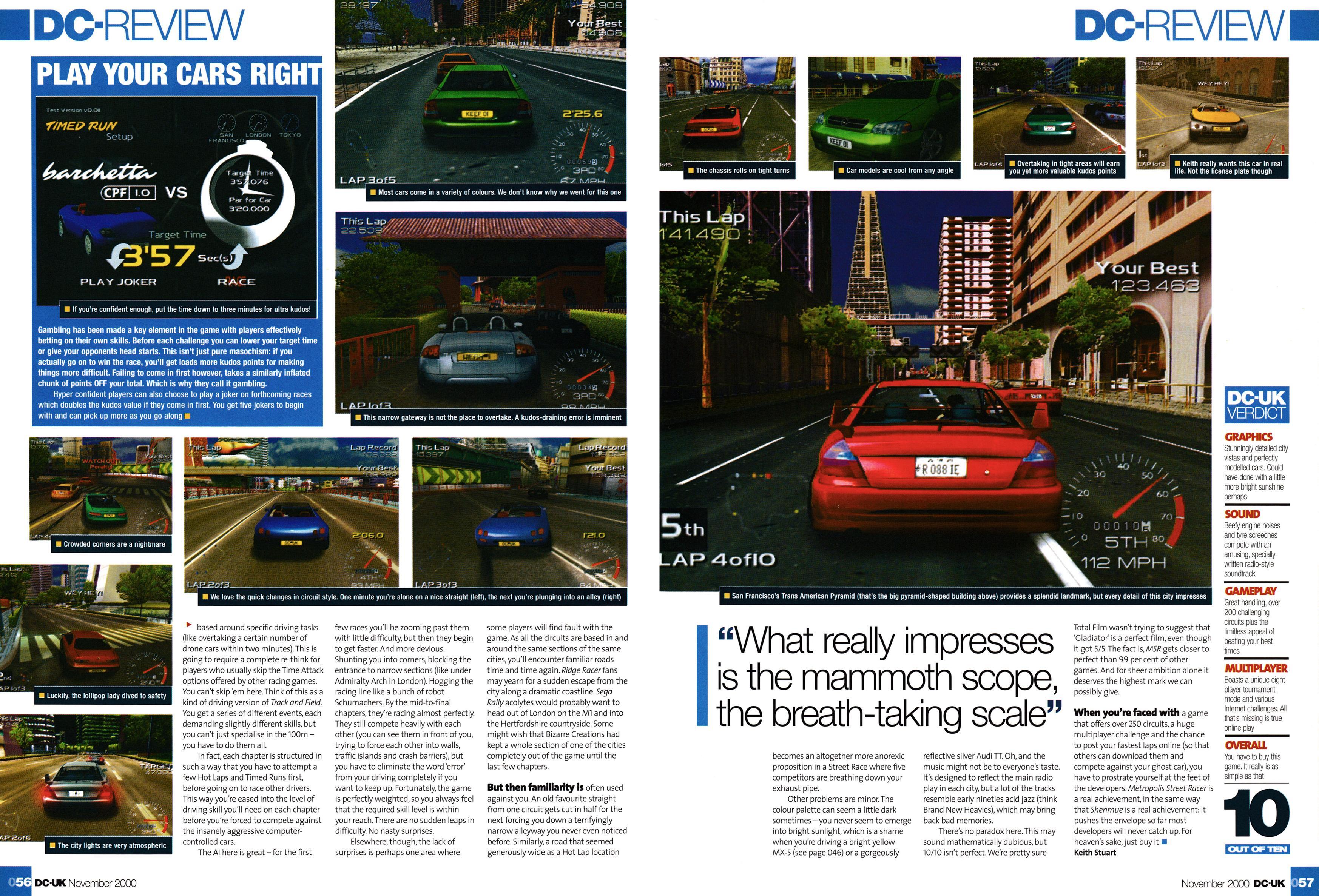 Review for Metropolis Street Racer on Sega Dreamcast from DC-UK 15 - November 2000 (UK)

score: 10/10