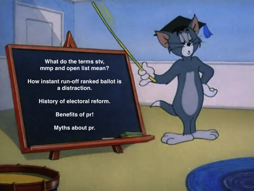 Tom the cat with a ruler and a board lecturing about "What do the terms stv, mmp and open list mean?" "How instant run-off ranked ballot is a distraction" History of electoral reform." "Benefits of pr!" "Myths about pr"