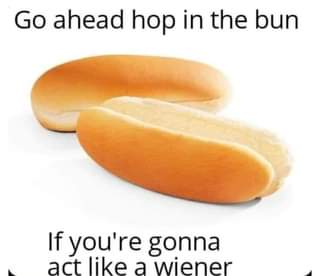 meme showing two hot dog buns and text GET IN THE BUN IF YOU ARE GOING TO BE A WEINER