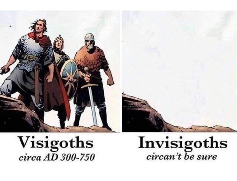 left panel -
 picture of a group of three Visigoths, captioned: Visigoths, circa AD 300-750

right panel -
 same generic background with no people visible, captioned: Invisigoths, circan't be sure