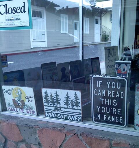 A sort of double window. The front window is backed by another window that shows some small gray outbuildings or sheds beyond. There are also ghostly images of parked vehicles. At the front of the window glass is a sign saying Closed. On the bottom inner sill are three tacky signs, the one on the extreme right says, IF YOU CAN READ THIS YOU'RE IN RANGE. The other two are joke signs involving wine and farts. Photo by Peachfront. Rural California. 2011.