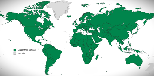 A map of the world with the legend Green: Bigger than Vatican, Grey: No data. The entire world is green, except for Greenland and Western Sahara. New Zealand is shaded out so as to not appear at all.