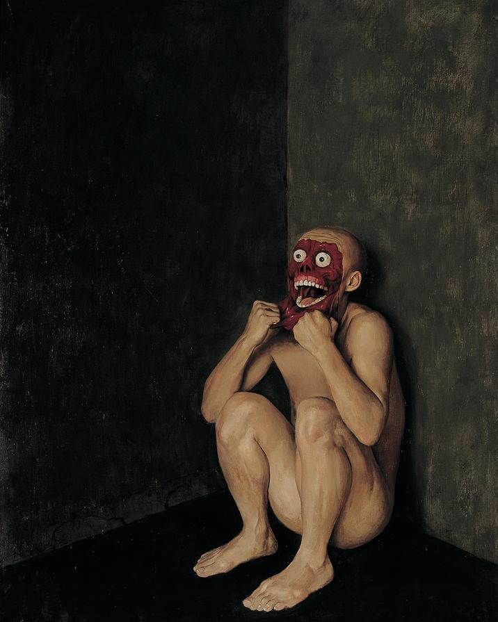 A painting by Chinese artist Xue Jiye, depicting a man sitting naked in a black void, tearing off his own face with his bear hands and screaming.