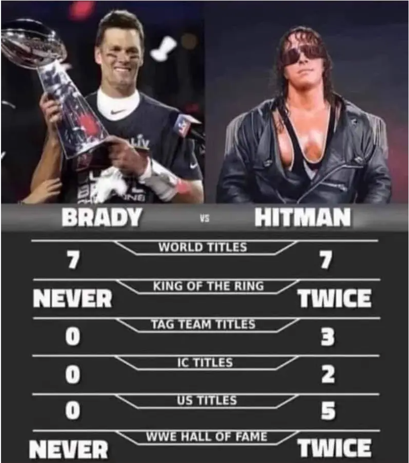 tale of the tape showing how much better Brett Hart is than some football player named Brady, clearly a gimmick name from bad creative