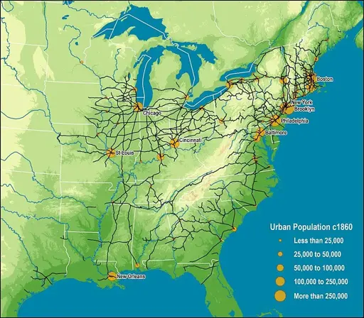 Map of the United States with railways at the start of the civil war. 