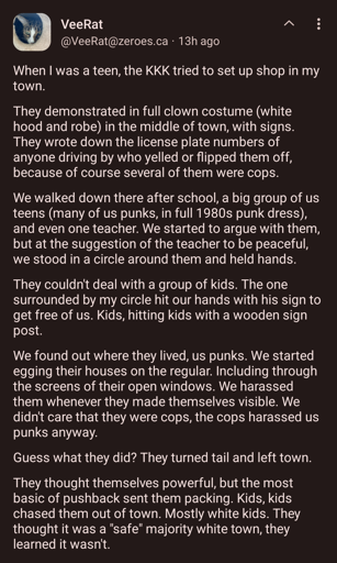 When I was a teen, the KKK tried to set up shop in my town.

They demonstrated in full clown costume (white hood and robe) in the middle of town, with signs. They wrote down the license plate numbers of anyone driving by who yelled or flipped them off, because of course several of them were cops.

We walked down there after school, a big group of us teens (many of us punks, in full 1980s punk dress), and even one teacher. We started to argue with them, but at the suggestion of the teacher to be peaceful, we stood in a circle around them and held hands.

They couldn't deal with a group of kids. The one surrounded by my circle hit our hands with his sign to get free of us. Kids, hitting kids with a wooden sign post.

We found out where they lived, us punks. We started egging their houses on the regular. Including through the screens of their open windows. We harassed them whenever they made themselves visible. We didn't care that they were cops, the cops harassed us punks anyway.

Guess what they did? They turned tail and left town.

They thought themselves powerful, but the most basic of pushback sent them packing. Kids, kids chased them out of town. Mostly white kids. They thought it was a "safe" majority white town, they learned it wasn't.