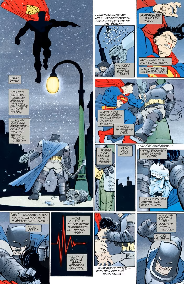 Batman hooking into the Gotham power-grid to shock Superman, from Miller's Dark Knight Returns