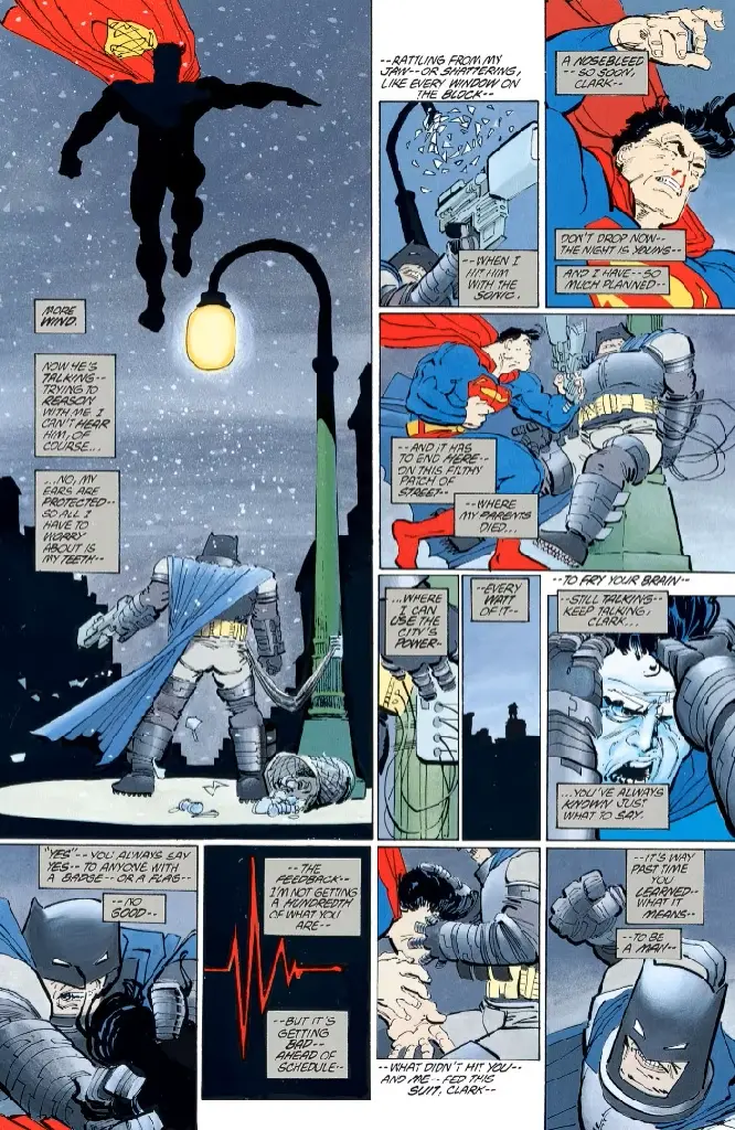 Batman hooking into the Gotham power-grid to shock Superman, from Miller&#39;s Dark Knight Returns